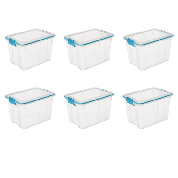 LANKANG 6 Count 20 Quart Weather Resistant Clear Plastic Storage Bins With Blue Latching Gasket Lids Stackable Small Organizer Containers