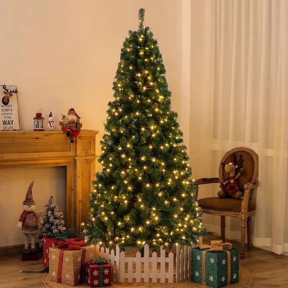 LANKANG 6 FT Green Artificial Christmas Tree 1050 Branches 150 DIY Warm LED Lights 8 Lighting Modes Flame Retardant Plastic With Stable Iron Stand Remote Control Adapter Included