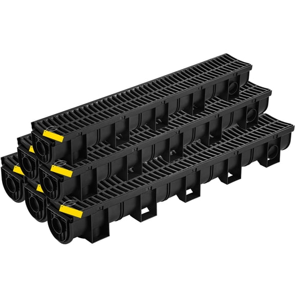 LANKANG 6 Pack Interlocking Channel Trench Drain System Heavy Duty Molded Composite Surface Grate Complete with End Caps for Driveway Patio Garden Pool Water Drainage Black
