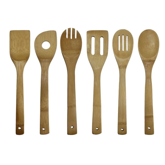 LANKANG 6 Piece Natural Bamboo Cooking Utensil Set 11.75 Inch Non Scratch Kitchen Tools Turner Slotted Spoons Fork Spatula For Non Stick Cookware