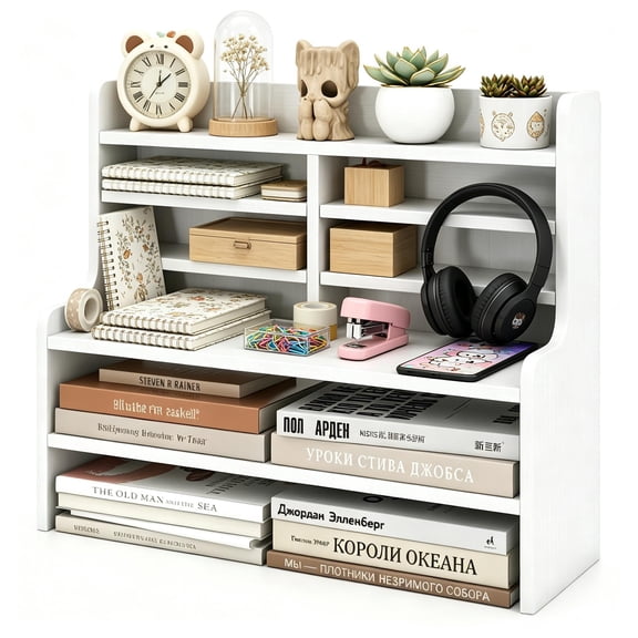LANKANG 6 Tier Adjustable Desktop Storage Organizer Removable Shelf Craft Supply Rack with Anti Fall Baffles White