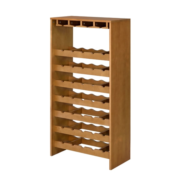 LANKANG 7 Tier Oak Finish Freestanding Wine Rack Holds 35 Bottles with Built In 4 Stemware Holders for Dining Room