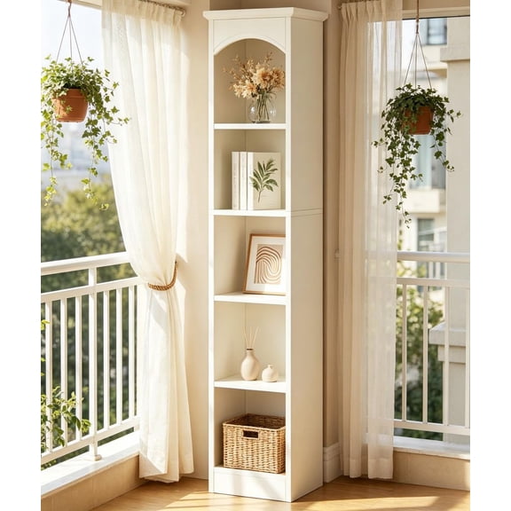 LANKANG 70.9 Inch Tall Narrow 5-Tier Cube Bookshelf White Oak Melamine Particleboard Vertical Storage Display Rack With Anti-Tip Kit For Living Room Bedroom Hallway