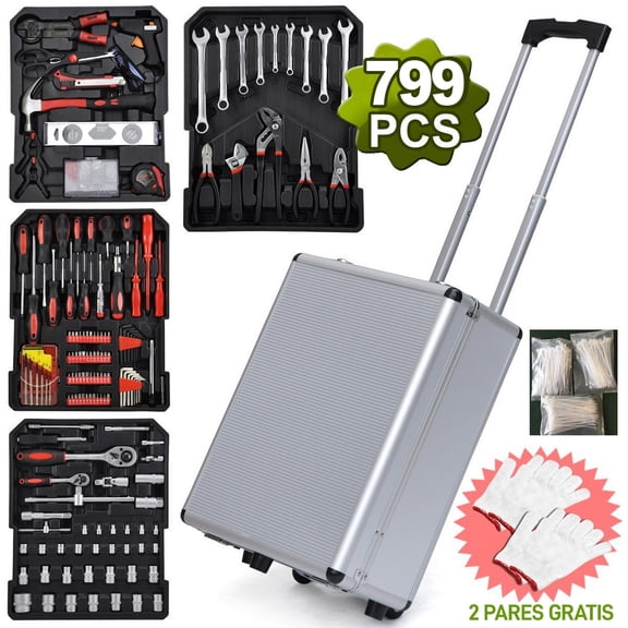 LANKANG 799 Piece Complete Mechanics Tool Kit Silver Aluminum Alloy Rolling Trolley Case Ratchet Sockets Wrenches Pliers Screwdrivers Hardware Repair Set for Home Workshop Garage