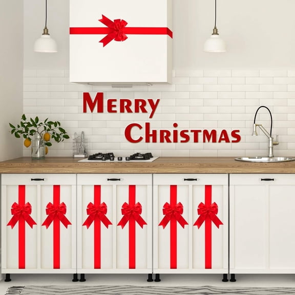 LANKANG 8 Pack Large Red Polyester Christmas Cabinet Bows 78.8 Inch Adjustable Ribbon Bows With Hook and Loop Fasteners For Kitchen Cabinet Door Xmas Tree Wall Furniture Holiday Party Decor