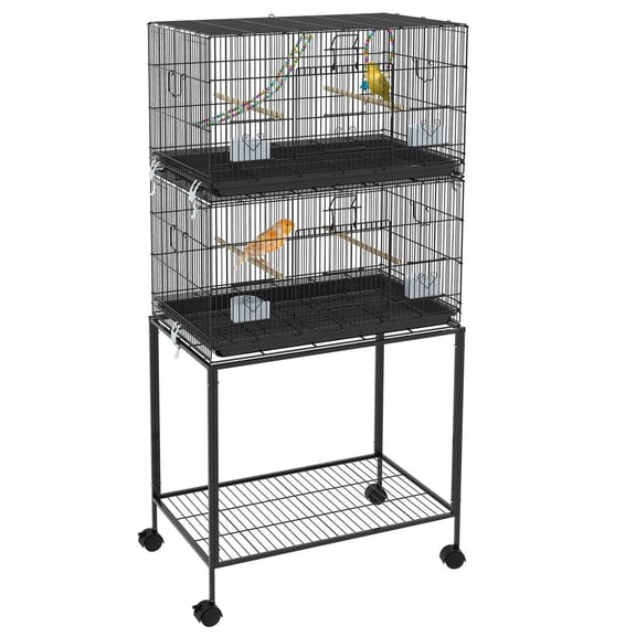 LANKANG Black Double Stackable Steel Bird Cage with Rolling Stand Lockable Wheels Storage Shelf Wooden Swing Ladder 0.5 Inch Bar Spacing for Canaries Budgies Lovebirds Finches