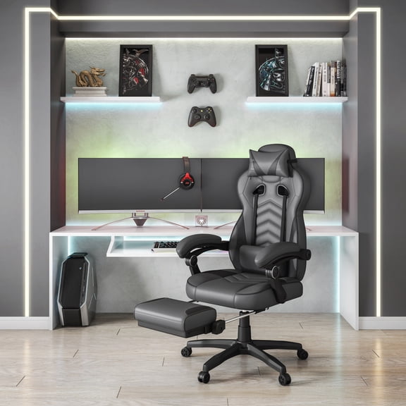 LANKANG Black Grey Racing Style Gaming Chair Fully Reclining Executive Office Chair with Retractable Footrest Lumbar Pillow and Headrest Adjustable Height PU Leather Desk Chair