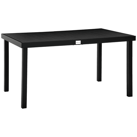 LANKANG Black Rectangular 6-Seat Patio Dining Table Powder Coated Aluminum Frame Weatherproof HDPE Wood Grain Slat Tabletop Adjustable Anti Slip Foot Pads for Garden Lawn Pool Backyard