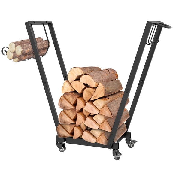 LANKANG Black Rolling Metal Firewood Rack Trapezoid Log Storage Holder with Lockable Casters Kindling & Tool Hooks Indoor Outdoor Use