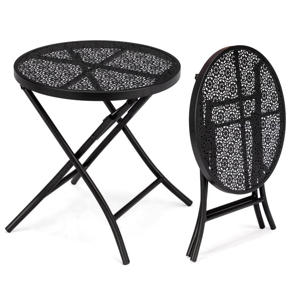 LANKANG Black Round Foldable Outdoor Accent Side Table Decorative Floral Cutout Tabletop Protective Floor Feet Multi Scene Compact End Table for Patio Balcony Garden Indoor Lounge Space