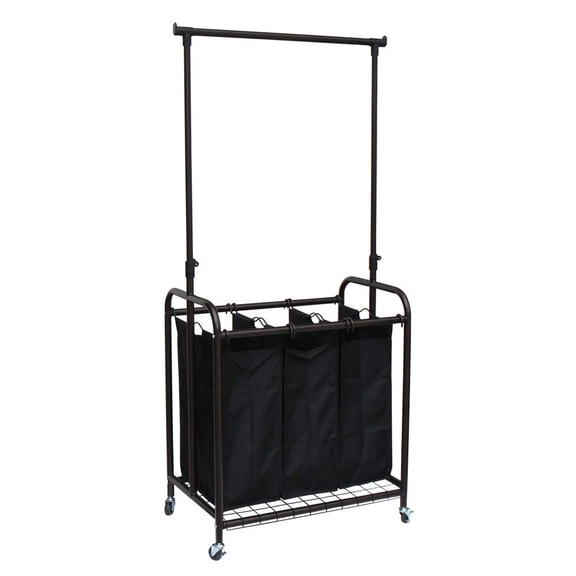 LANKANG Bronze Metal 3 Bag Rolling Laundry Sorter Cart With Adjustable Garment Hanging Bar Removable Clothes Storage Bags Lockable Swivel Wheels For Home Dorm Family