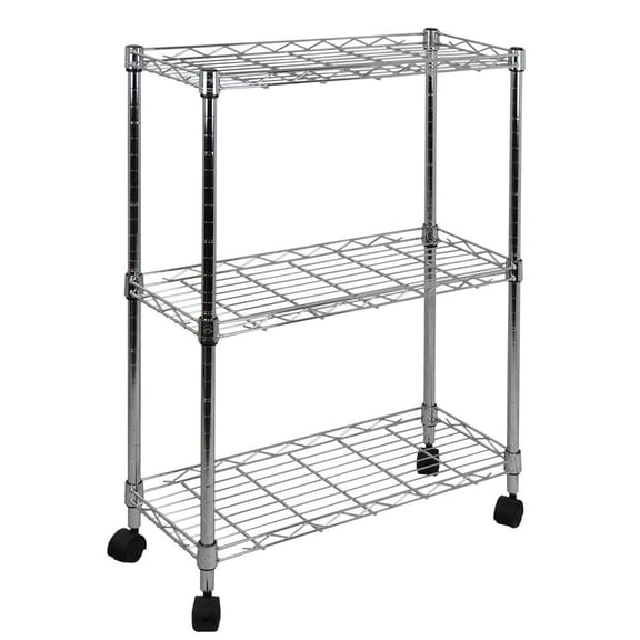 LANKANG Chrome 3 Tier Adjustable Wire Utility Cart With Rolling Casters Raised Edge Storage Shelves 150 Lbs Per Shelf For Laundry Room Kitchen Office Garage Storage