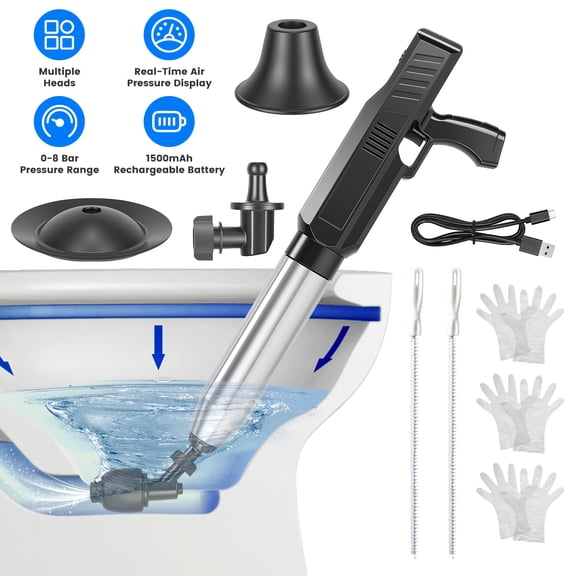 LANKANG Electric High Pressure Air Plunger 0-120PSI Adjustable Cordless Toilet Plunger Type-C Rechargeable Drain Clog Remover with Multi Heads & Cleaning Kit for Household Pipe Maintenance