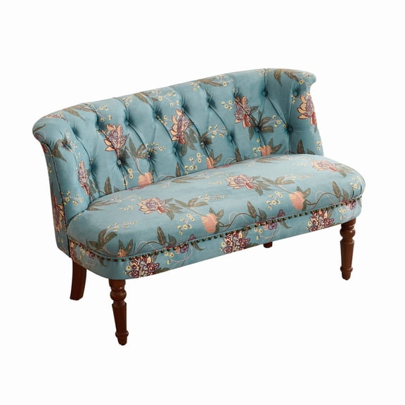 LANKANG European Style Single Sofa Chair Tiffany Blue Floral Print Fabric Lazy Sofa with Pine Wood Legs Tufted Accent Chair for Living Room Bedroom & Balcony