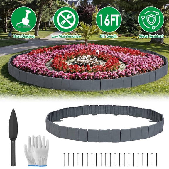 LANKANG Flexible Cobblestone Landscape Edging Weather Resistant PVC Garden Border with Spikes Shovel 16ft