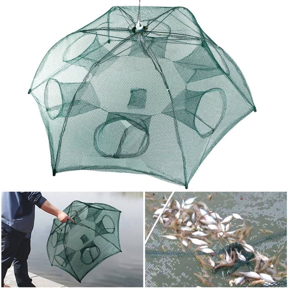 LANKANG Foldable 6 Entrance Fishing Bait Trap Nylon Mesh Steel Frame Portable Crab Minnow Lobster Shrimp Net for Outdoor Fishing