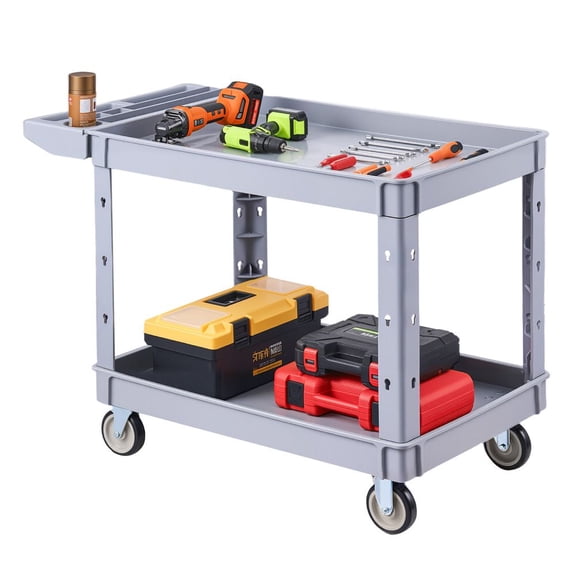 LANKANG Gray 2-Tier Rolling Utility Cart 550 Lbs Max Load Heavy-Duty PP Service Cart 5 Inch Lockable Swivel Casters Garage Warehouse Storage Trolley