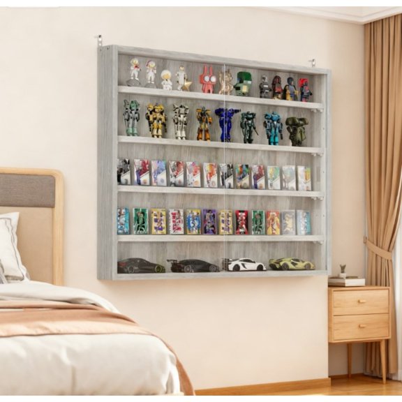 LANKANG Grey Wall Mounted Large Capacity Collectible Showcase Display Case With Clear Front Doors