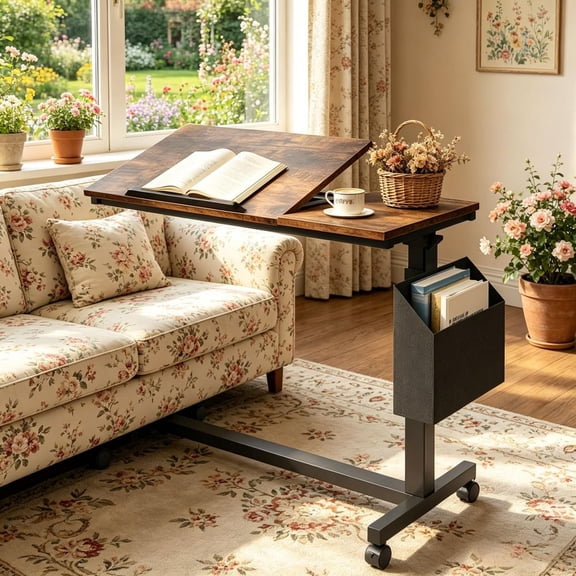 LANKANG Height Adjustable Mobile C-Shape Side Table Lockable Rolling Wheels Tilting Tabletop With Magazine Holder Overbed Laptop Snack Table For Sofa Bedroom