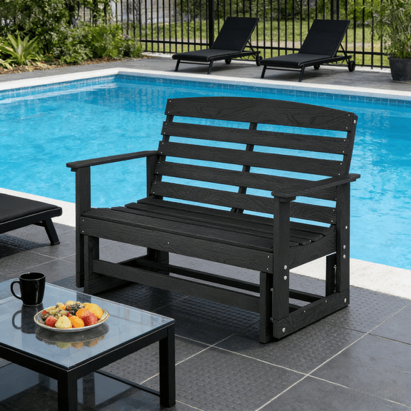 LANKANG Minimalist Black Two Seat Glider Bench Breathable Slatted Seat All Weather Durable Structure For Porch Deck Small Yard Use