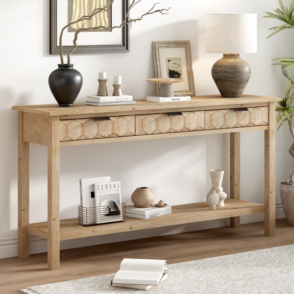 LANKANG Modern Honeycomb Drawer Front Console Table with Three Storage Drawers Open Bottom Shelf Solid Wood Legs for Entryway Hallway Living Room Study Foyer