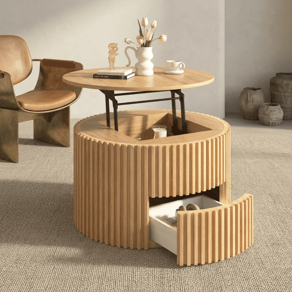 LANKANG Modern Round Fluted Accent Lift Top Coffee Table Hidden Inner Storage Compartment Concealed Slide Drawer Multi Functional Center Table for Living Room