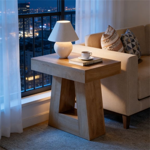 LANKANG Modern Trapezoidal Base Side Tea Table Spacious Wood Grain Surface Sofa End Table For Living Room Home Decor