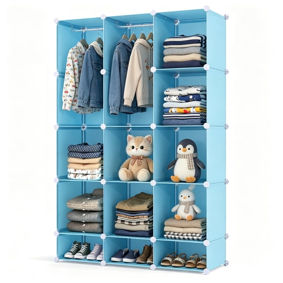 LANKANG Modular Fabric Storage Closet Organizer with Hanging Rods Tool Free Assembly Wardrobe for Clothes Toys Books Blue