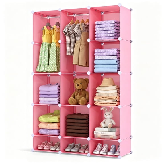 LANKANG Modular Storage Wardrobe Organizer with Hanging Rods Tool Free Assembly Multi Cube Clothing Storage Cabinet Pink