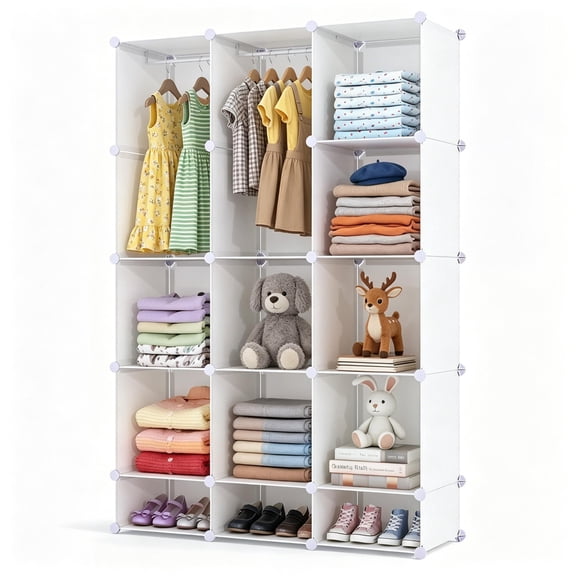 LANKANG Modular Storage Wardrobe Organizer with Hanging Rods Tool Free Assembly Multi Cube Clothing Storage Cabinet White