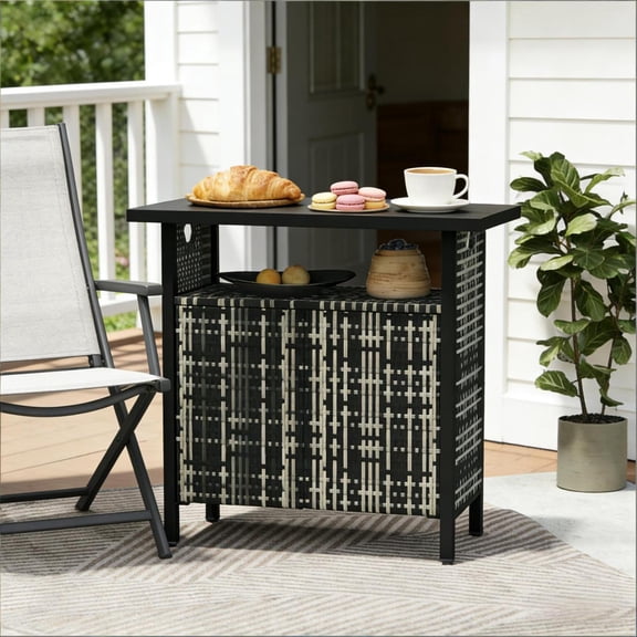 LANKANG Multifunctional Outdoor Storage Cabinet Poolside Towel Organizer Patio Coffee Bar Table With Closed Cabinet Open Shelf Weather Resistant For Backyard Pool Decor