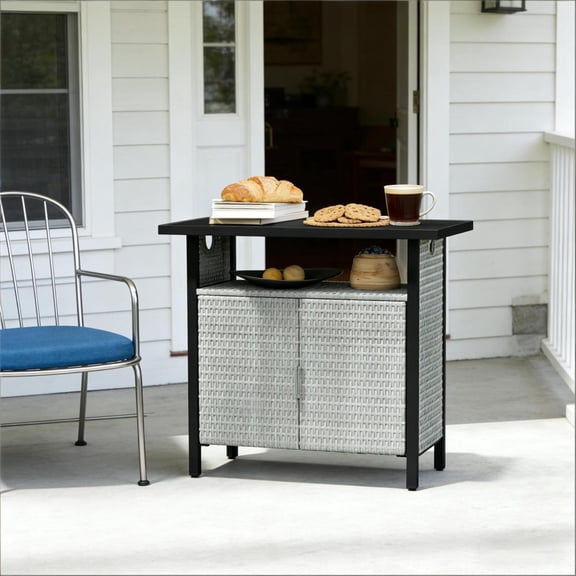 LANKANG Multifunctional Outdoor Storage Organizer Station With Closed Cabinet Open Storage Shelf Flat Top Surface Weather Resistant Poolside Towel Holder Patio Side Bar Accent Table Gray
