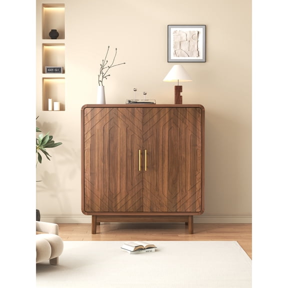 LANKANG Multifunctional Storage Cabinet Walnut Finish Carved Design Adjustable Shelf Side Cabinet for Kitchen Dining Room Entryway Living Room Corridor Office