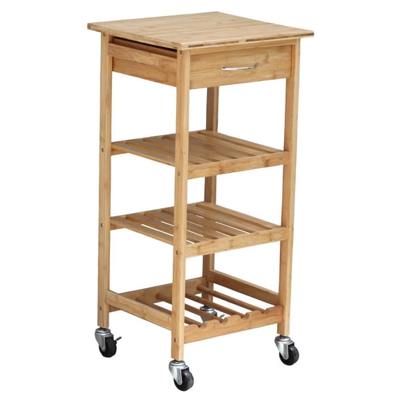 LANKANG Natural Bamboo Rolling Kitchen Trolley With Storage Drawer Three Tier Open Shelves Built In Wine Rack Mobile Compact Storage Cart For Small Kitchen Dining Room Bar