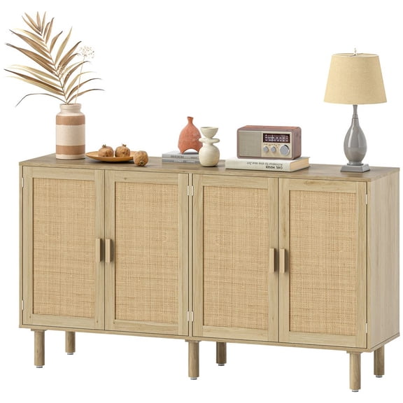 LANKANG Natural Bohemian Sideboard 62.2 Inch Buffet Cabinet 4 Rattan Doors 2 Storage Cabinets Adjustable Pine Legs Anti Tip Credenza for Living Room Hallway Coffee Bar