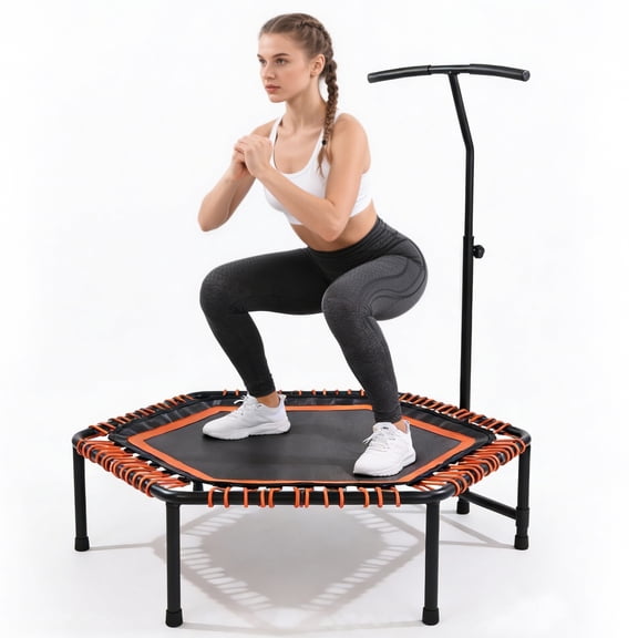 LANKANG Orange 48 Inch Adult Mini Fitness Rebounder Trampoline 3 Level Adjustable Foam Handle Bar Quiet Bungee Ropes Stable Iron Frame 330 LBS Indoor Outdoor Cardio Training Equipment for Home Gym