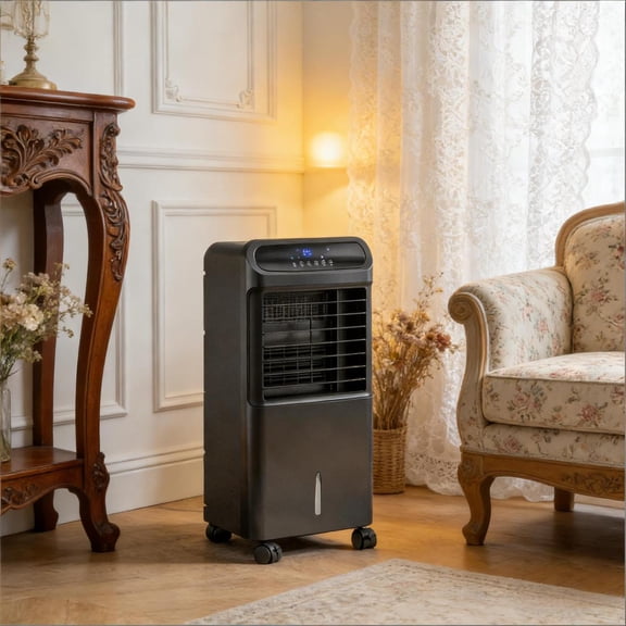 LANKANG Portable Swamp Evaporative Cooler Three Functional Layout Freezable Ice Trays Wide Air Swing LED Control 12H Auto Off Remote Operated Rolling Base For Household Office