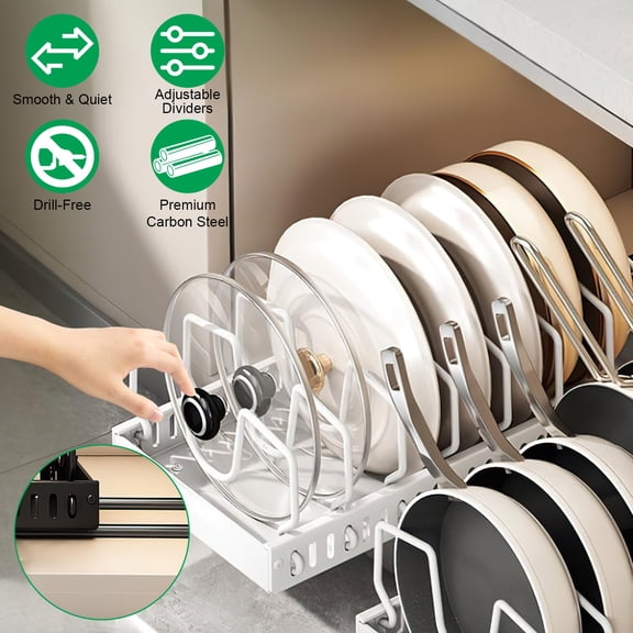 LANKANG Pull Out Adjustable Kitchen Cookware Storage Rack Smooth Damping Slide Rail Drill Free Cabinet Organizer For Pans Lids Cutting Boards Bakeware