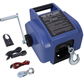 LANKANG Reversible 12V Trailer Winch 3500lbs Pull Capacity Blue Plastic Casing Galvanized Wire Rope Manual Operation for Marine Use