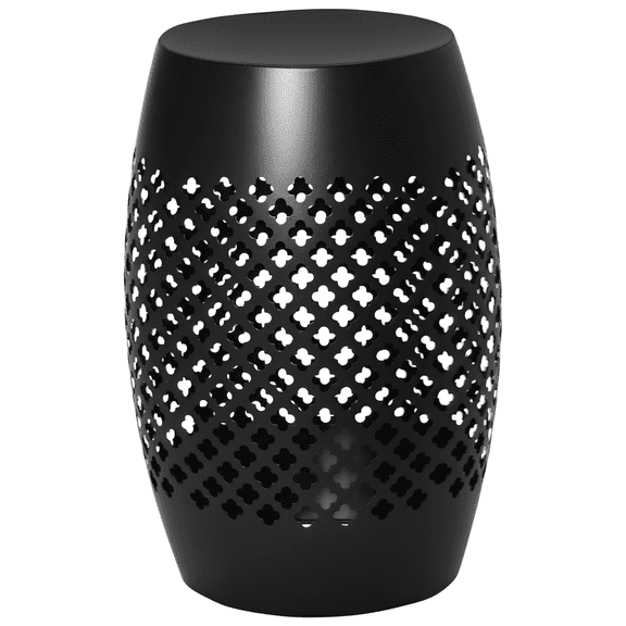 LANKANG Round Hollow Drum Steel Accent Side Table Black Geometric Cutout Multipurpose Indoor Outdoor Patio End Table
