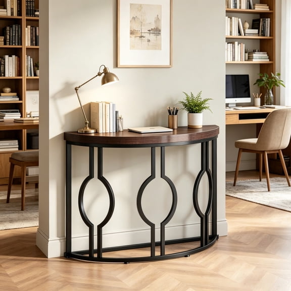 LANKANG Semi-Circle Console Table Curved Design Industrial Accent Table with Metal Frame 43.3" L Entryway Sofa Side Table