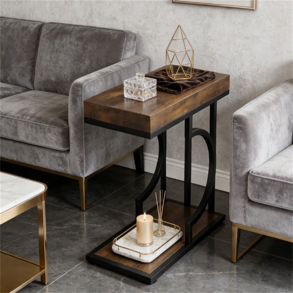 LANKANG Semicircular Faux Marble C-Shaped Side Table Gold Metal Frame Narrow Multi-Purpose Sofa End Table Coffee Tea Table For Living Room Bedroom