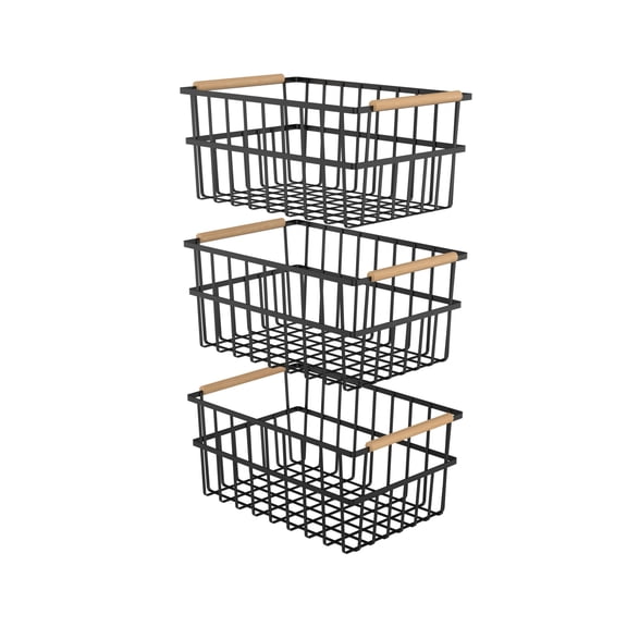 LANKANG Set Of 3 Black Metal Wire Storage Baskets With Smooth Bamboo Carry Handles Open Grid Organizer Bin For Kitchen Pantry Bathroom Office Snacks Skincare Supplies