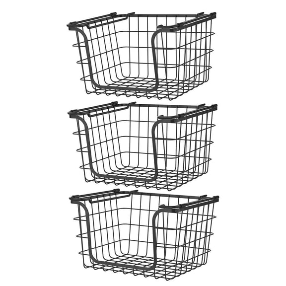 LANKANG Set Of 3 Black Stackable Metal Wire Storage Baskets With Side Handles Under Shelf Hanging Design Open Grid Organizer For Kitchen Pantry Countertop Bathroom Closet