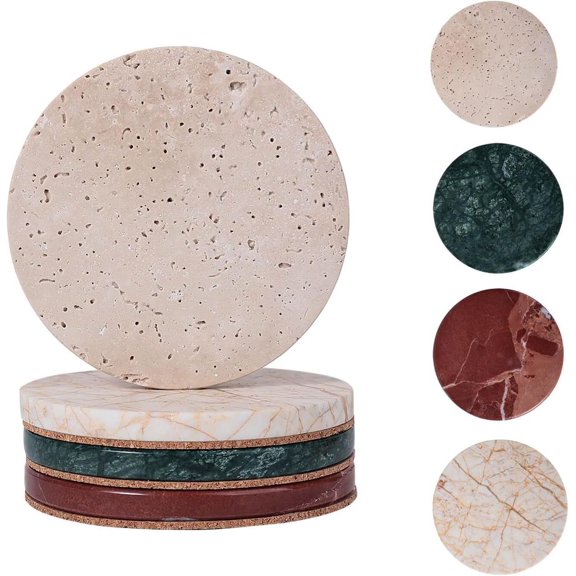 LANKANG Set of 4 Natural Travertine Marble Drink Coasters 4 Inch Round Absorbent Stone Mats With Non-Slip Cork Backing Handmade For Coffee Table Bar Home Decor