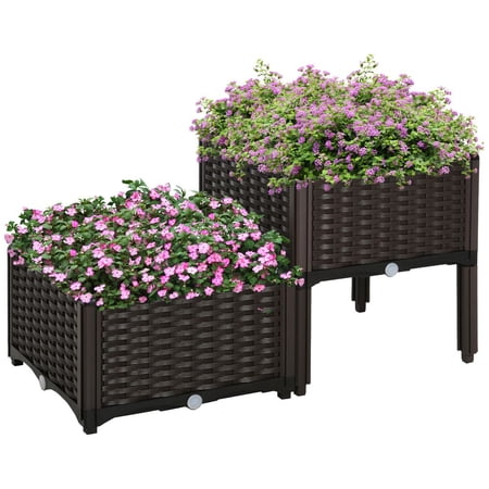 LANKANG Set of 2 Brown Rattan Textured Elevated Plastic Raised Garden Planters Self Watering Drainage System for Outdoor Herbs Vegetables Flowers