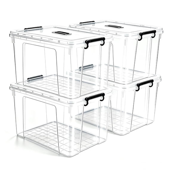 LANKANG Set of 4 Stackable Storage Bins with Lids Secure Latches and Handles Clear Storage Containers for Home Garage Office Organization
