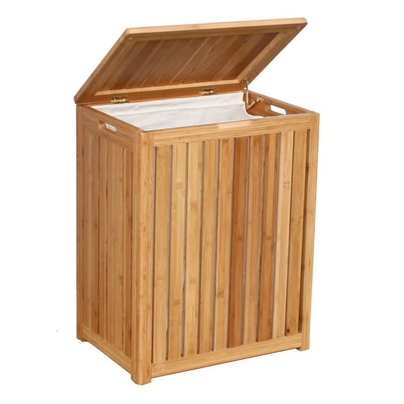 LANKANG Spa Style Solid Bamboo Laundry Hamper With Removable Canvas Liner Side Carry Grips Double Hinged Lid Bedroom Bathroom Clothes Storage Basket