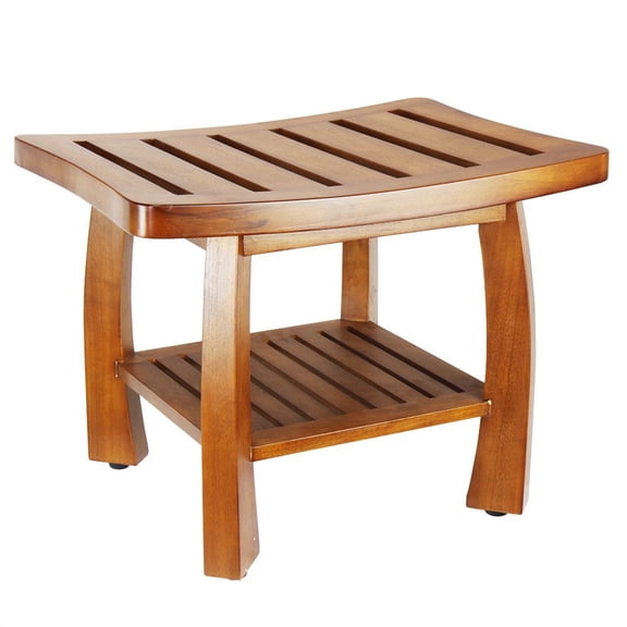 LANKANG Teak Finish Solid Wood Spa Shower Bench With Bottom Storage Shelf Slatted Curved Seat Non Slip Foot Levelers Pre Assembled Bath Stool For Bathroom Shower Spa