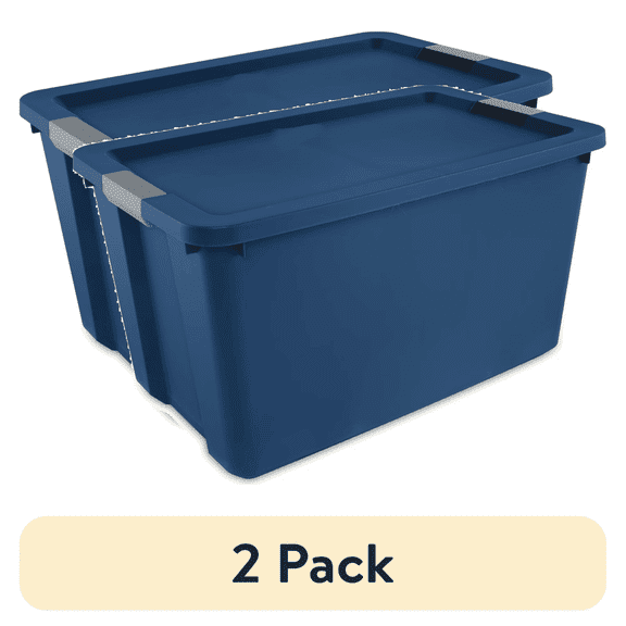 LANKANG Two Pack Thirty Four Gallon Large Blue Plastic Storage Bins Secure Latching Lid Stackable BPA Free Containers with Integrated Carrying Handles